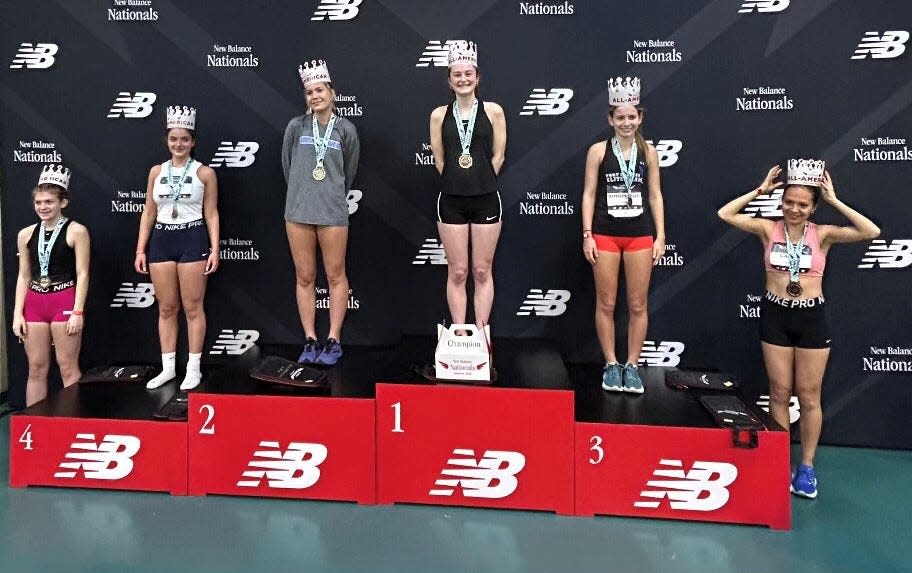 Corning senior Taylor Farrell set a meet record of 7:05.14 in winning the 1-mile racewalk at the New Balance Indoor Nationals in Boston on March 8, 2024.