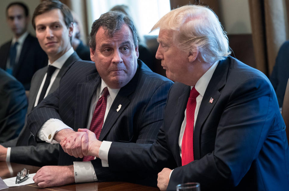 President Donald Trump (L) shakes hands with New Jersey Gov. Chris Christie at a panel discussion on an opioid and drug abuse in the Roosevelt Room of the White House March 29, 2017 in Washington, DC. (Photo: Shawn Thew-Pool/Getty Images)