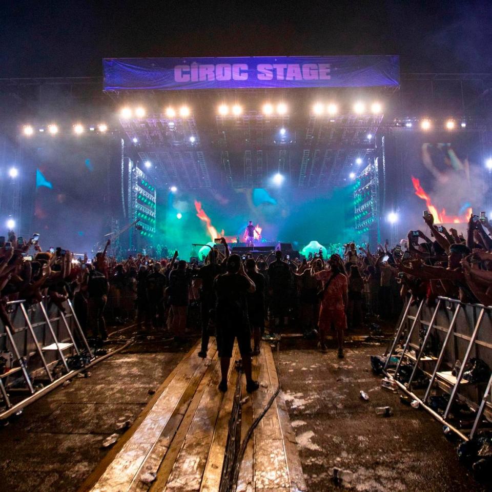 A view of the main stage during the third day of Rolling Loud Miami, an international hip hop festival, at Hard Rock Stadium in Miami Gardens, Florida, on Sunday, July 25, 2021.