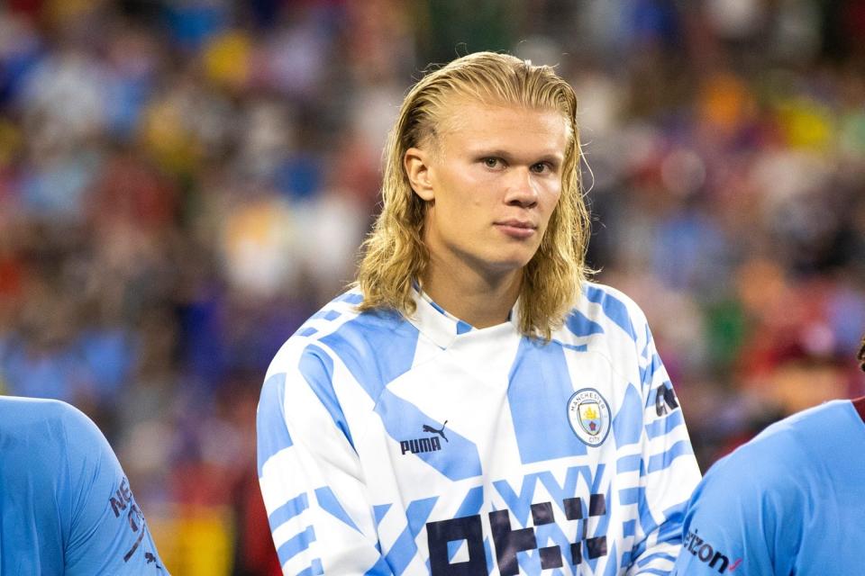 Manchester City forward Erling Haaland (9) looks into the crowd after the exhibition match between FC Bayern Munich and Manchester City on Saturday, July 23, 2022, at Lambeau Field in Green Bay, Wis.

Gpg Bayern Man City Match 7232022 0007