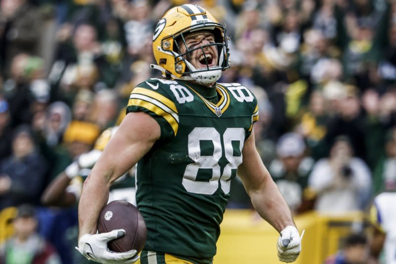Green Bay Packers tight end Luke Musgrave celebrates a touchdown against the Los Angeles Rams on Sunday at Lambeau Field in Green Bay, Wis. Photo by Tannen Maury/UPI