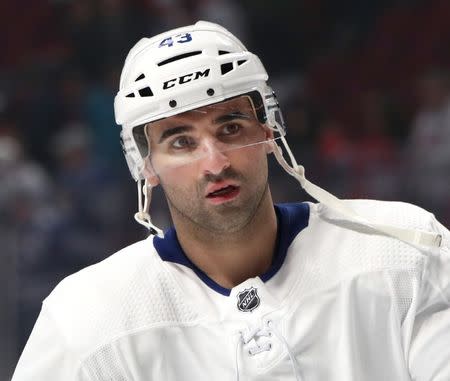 FILE PHOTO: Apr 6, 2019; Montreal, Quebec, CAN; Toronto Maple Leafs center Nazem Kadri (43) looks on during the warm-up session before a game against the Montreal Canadiens at Bell Centre. Jean-Yves Ahern-USA TODAY Sports