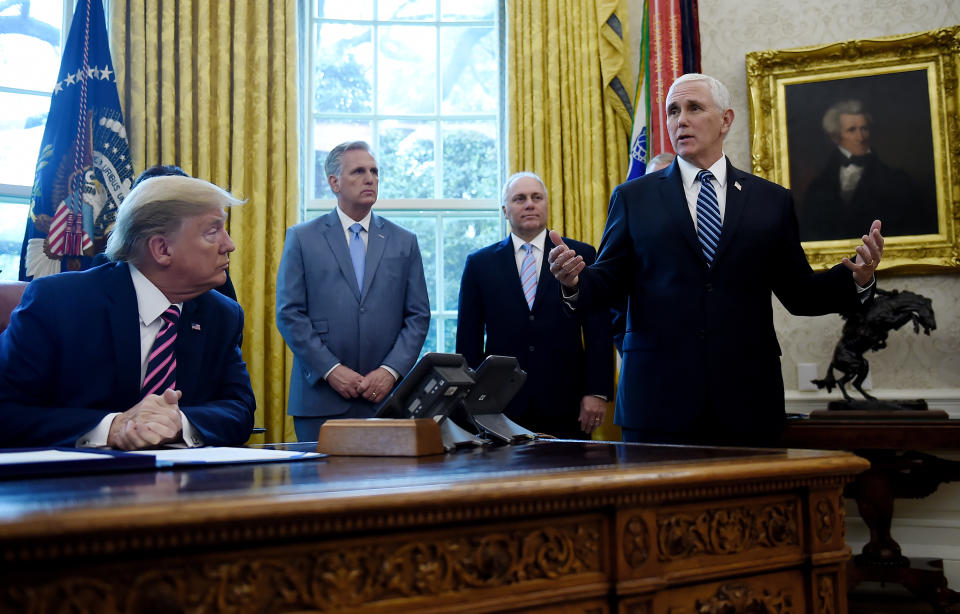 Pence in the Oval Office with, from left, then-President Donald Trump, House Minority Leader Kevin McCarthy and Rep. Steve Scalise