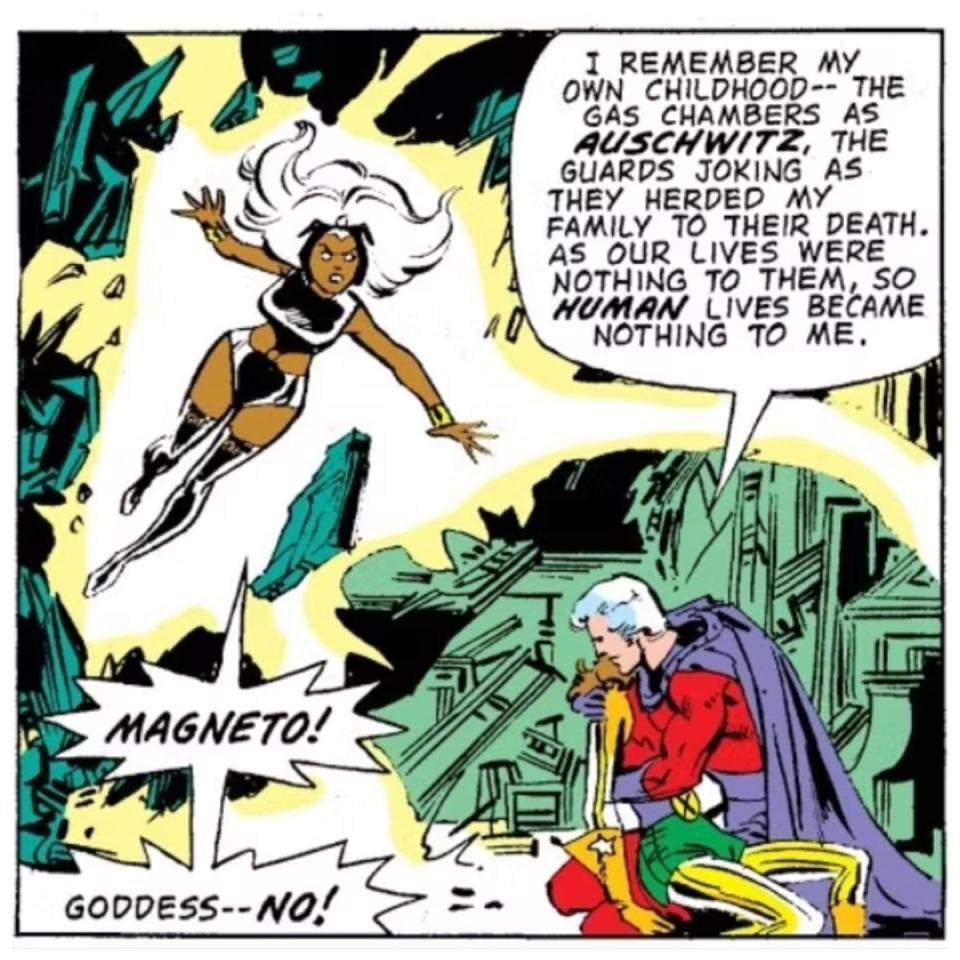 Storm confronts Magneto as he tells of his past in the Nazi death camps in Uncanny X-Men #150.