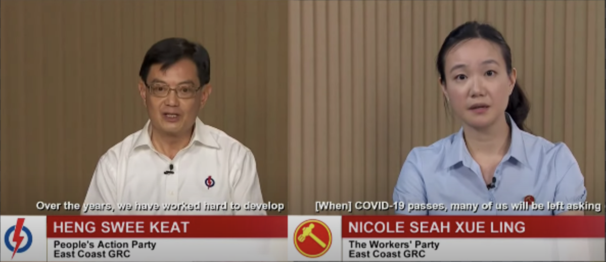 GE2020: DPM Heng Swee Keat-led People's Action Party team versus Nicole Seah-led Workers' Party team in East Coast GRC speaking at a constituency political broadcast on 4 July 2020. (SCREENSHOTS: Mediacorp/YouTube)