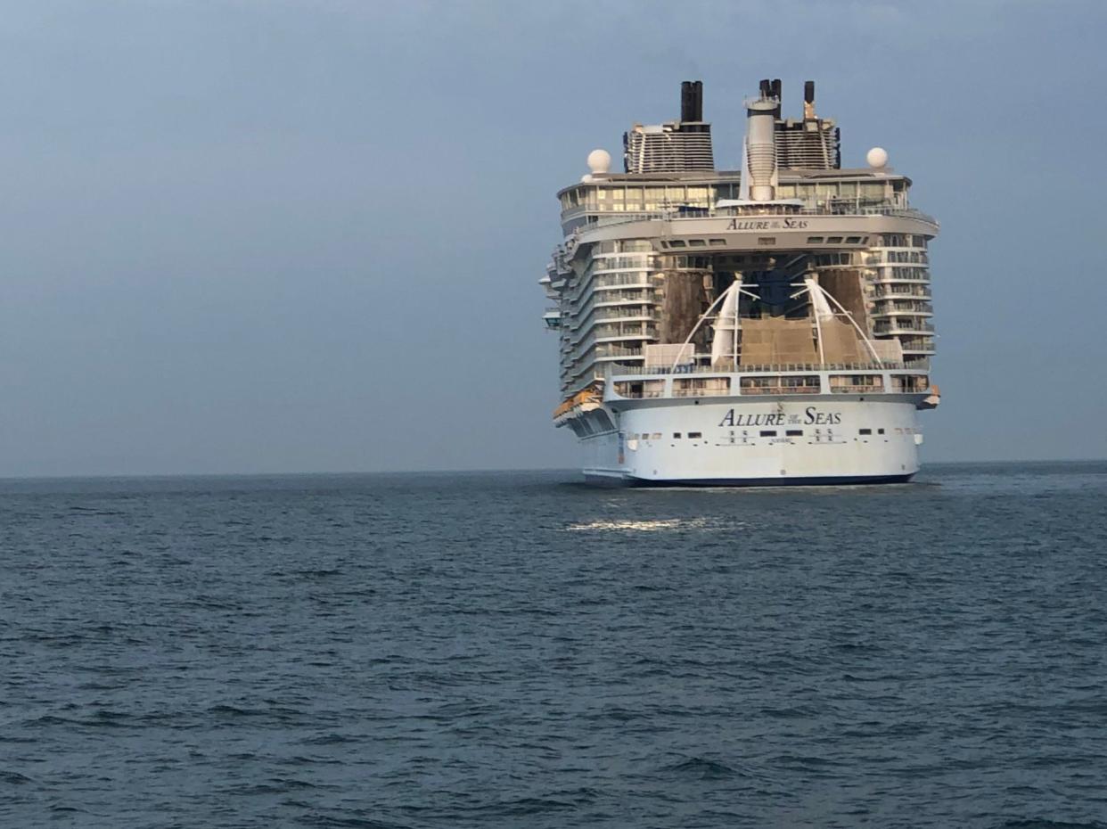 At rest: Royal Caribbean’s Allure of the Seas off Bournemouth in Dorset (Simon Calder)