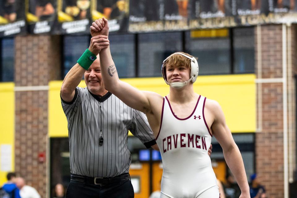 Mishawaka's Beau Brabender wins by forfeit in the 157-pound championship match of the regional wrestling meet Saturday, Feb. 3, 2024 at Penn High School.