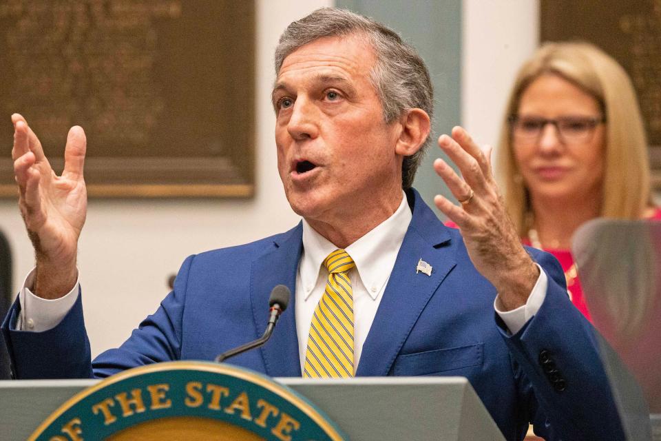 Gov. John Carney delivers his State of the State Address at Legislative Hall in Dover, Tuesday, March 5, 2024. The event was rescheduled from January after Carney fell ill.