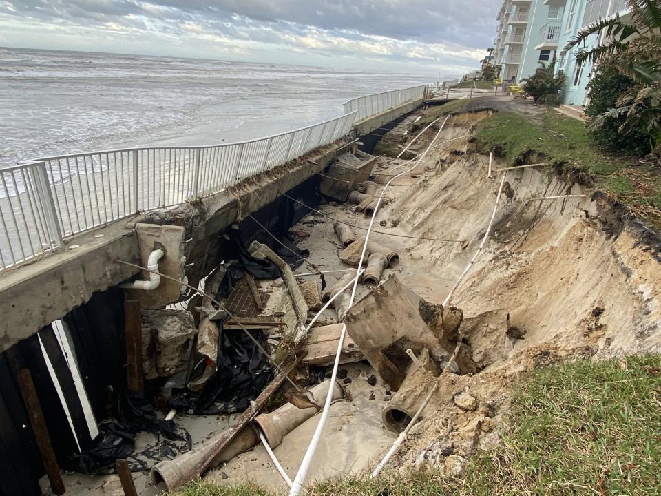 The path of destruction left behind by Tropical Storm Nicole in New Smyrna Beach.