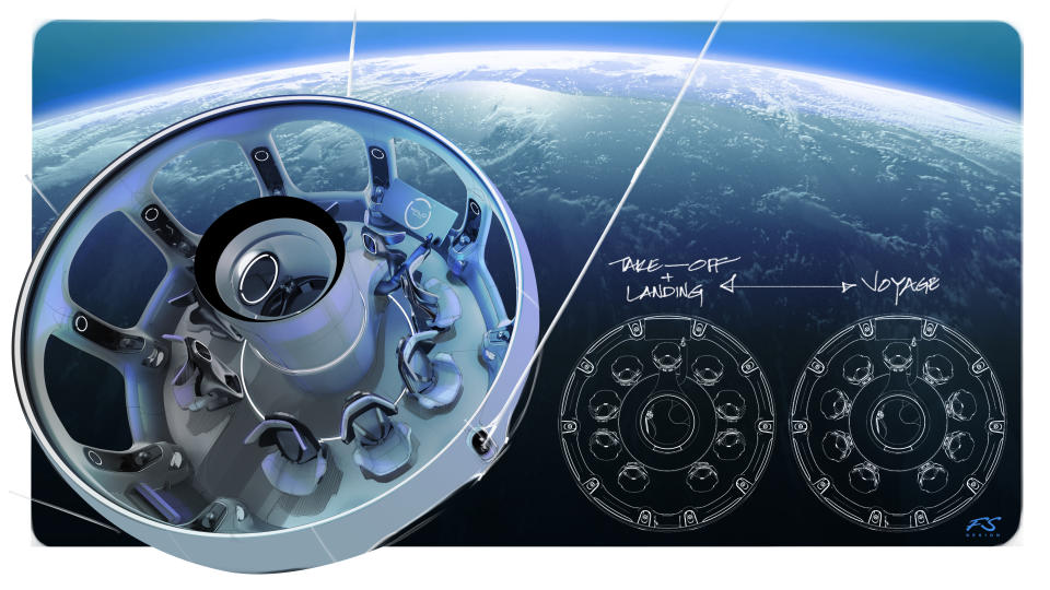 Das Innendesign der Aurora-Raumkapsel von HALO Space, die Passagiere unter einem mit Helium gefüllten Ballon in die Stratosphäre bringen wird.