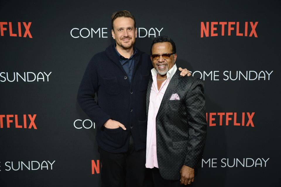 Jason Segel (L) and Bishop Carlton Pearson attends the special screening of the Netflix film Come Sunday at the Directors Guild of America Theater in Los Angeles on April 9, 2018 in West Hollywood, California.
