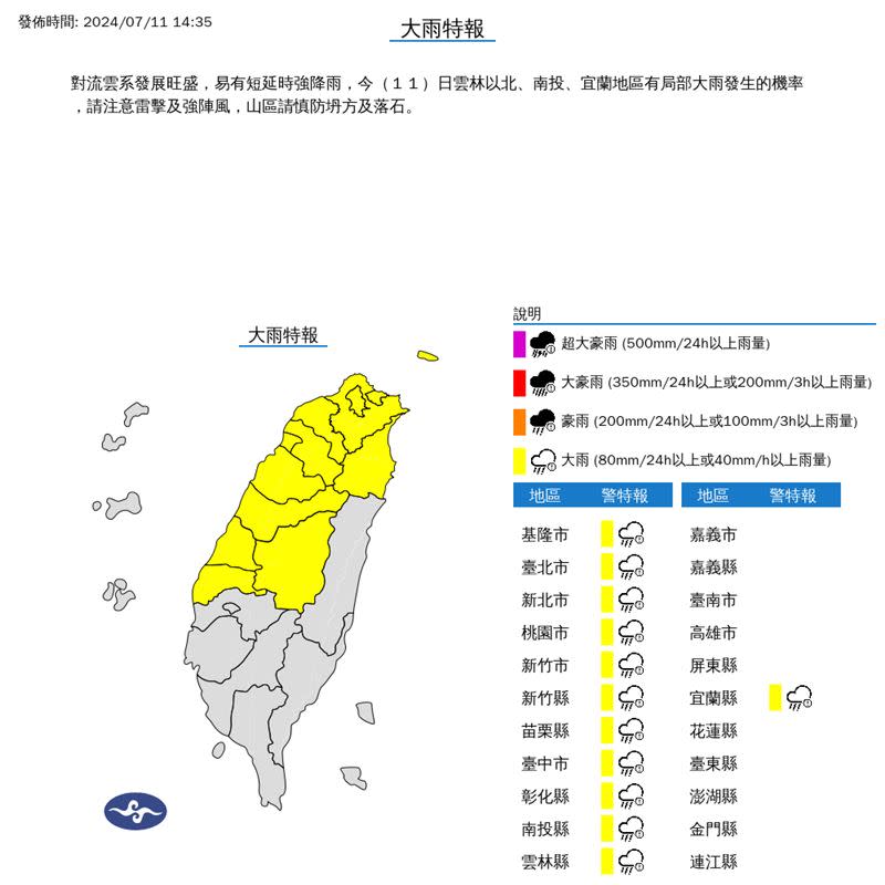 氣象署針對12縣市發布大雨特報。（圖／氣象署）