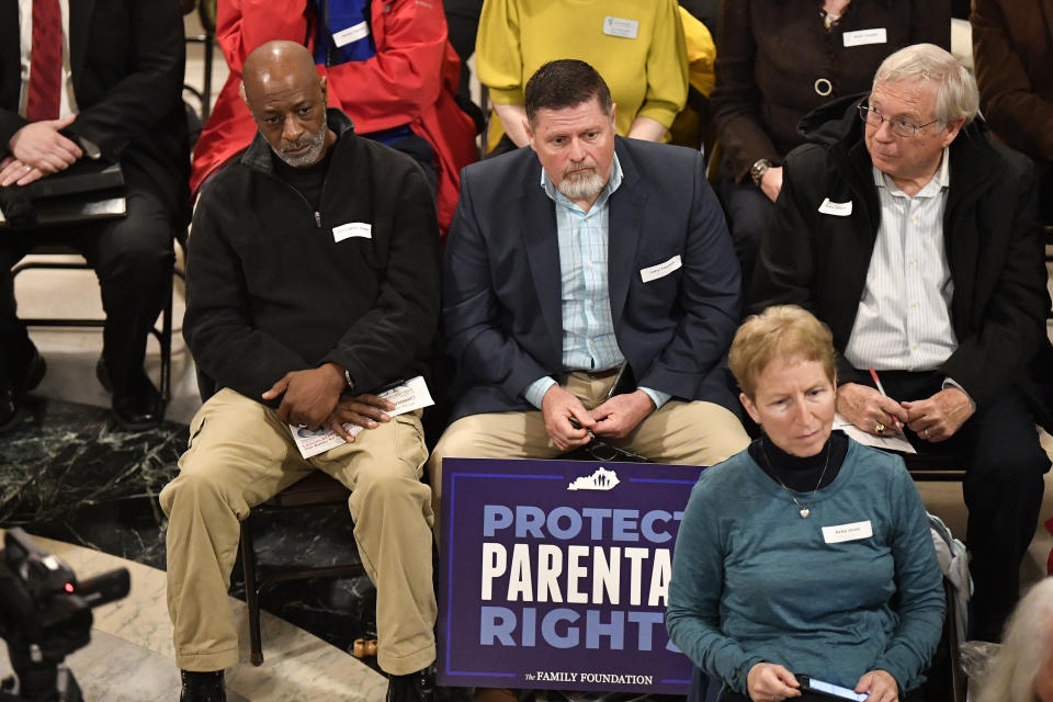 Members of the Faith and Family advocacy group, listen to speakers during a rally in the rotunda of the Kentucky State Capitol in Frankfort, Ky., Thursday, Feb. 16, 2023. The Kentucky Supreme Court on Thursday refused to allow abortions to resume in the state, rejecting a request to halt a near total ban of the procedure. (AP Photo/Timothy D. Easley)