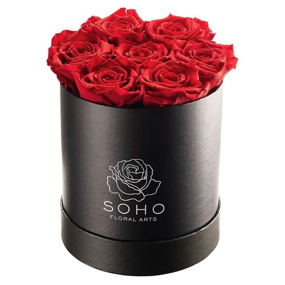 <p><strong>Soho Floral Arts</strong></p><p>amazon.com</p><p><strong>$59.99</strong></p><p><a href="https://www.amazon.com/dp/B08C1YQ9BD?tag=syn-yahoo-20&ascsubtag=%5Bartid%7C10055.g.5101%5Bsrc%7Cyahoo-us" rel="nofollow noopener" target="_blank" data-ylk="slk:Shop Now" class="link ">Shop Now</a></p><p>Fresh flowers come and go, but these gorgeous roses last forever. Each box, available in white or black, comes packed with seven extra-large white, red, hot pink or light pink roses, preserved to last for up to three years. </p>