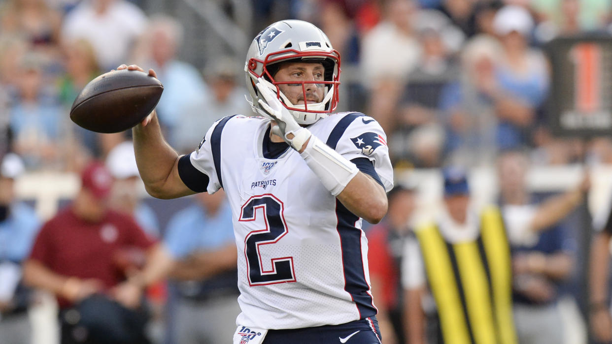 New England Patriots quarterback Brian Hoyer passes against the Tennessee Titans in the first half of a preseason NFL football game Saturday, Aug. 17, 2019, in Nashville, Tenn. (AP Photo/Mark Zaleski)