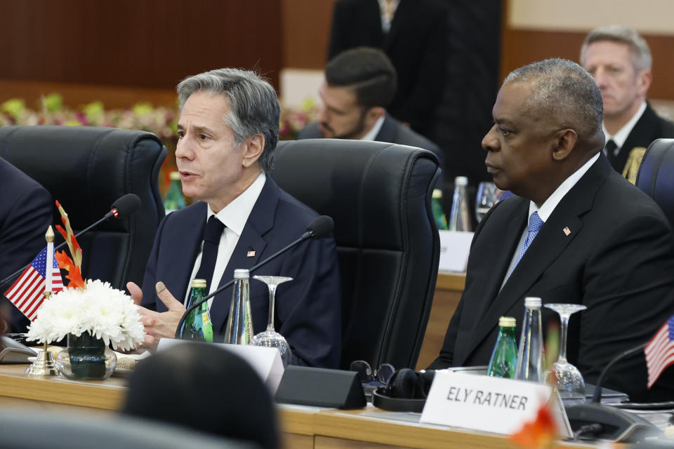 U.S. Secretary of State Antony Blinken, left, with Defense Secretary Lloyd Austin, speaks during the so-called "2+2 Dialogue" with India's Foreign Minister Subrahmanyam Jaishankar and Defense Minister Rajnath Singh at the foreign ministry in New Delhi, India, Friday, Nov. 10, 2023. (Jonathan Ernst/Pool Photo via AP)