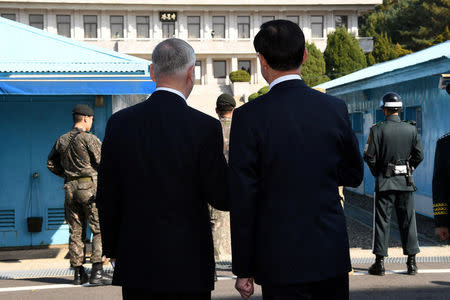 U.S. Defense Secretary Jim Mattis and South Korean Defense Minister Song Young-moo visit the truce village of Panmunjom, South Korea October 27, 2017. Yonhap/via REUTERS