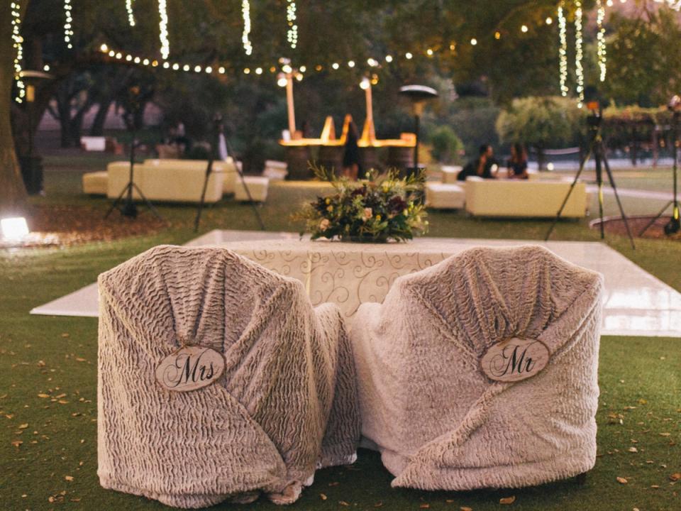 Outdoor wedding reception set up on woods (Getty Images/iStockphoto)