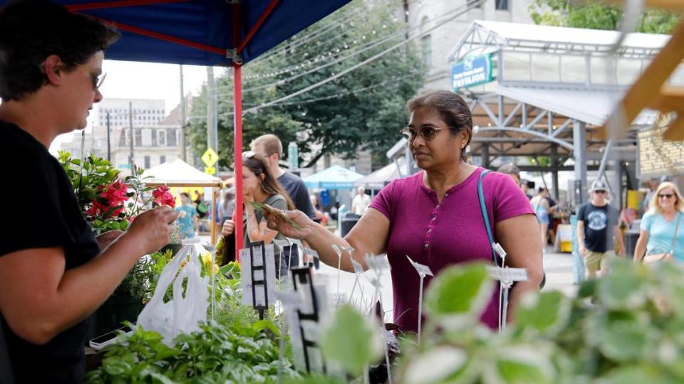 From left, Tara Lawson sells plants to Usha Palli on Saturday, June 24, 2023 at Fifth Third Pavilion in Lexington, Ky.