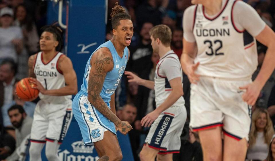 North Carolina’s Armando Bacot (5) after a dunk against Connecticut during the first half in the Jimmy V Classic on Tuesday, December 5, 2023 at Madison Square Garden in New York, NY.