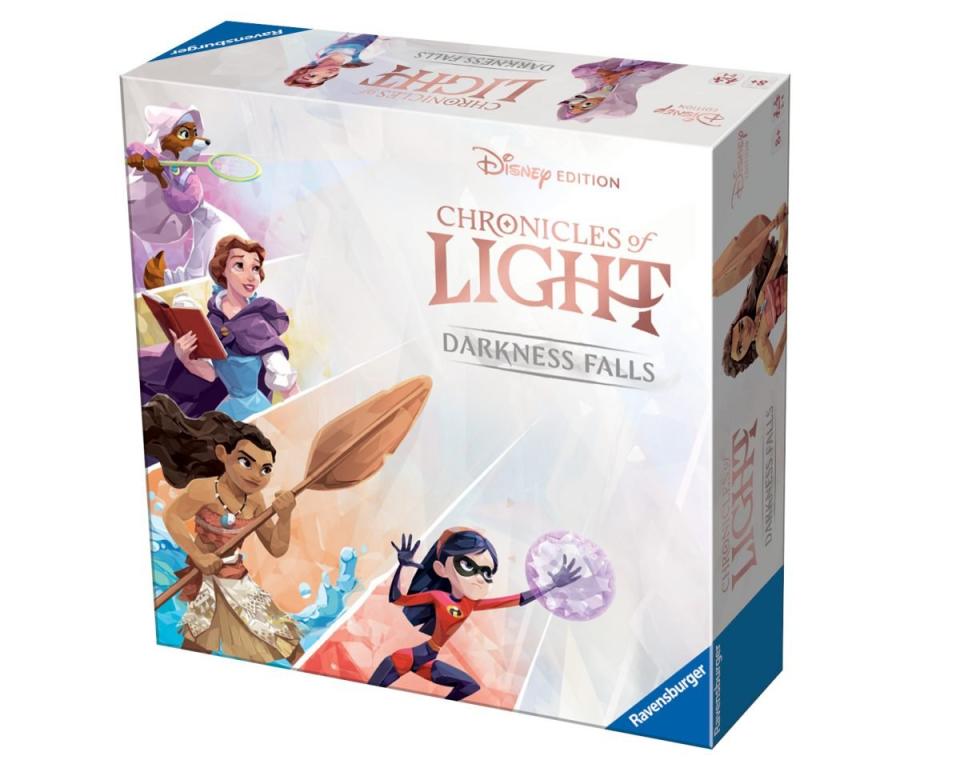 The front of the box for Chronicles of Light: Darkness Falls (Disney Edition) showing Maid Marian, Belle, Moana, and Violet.