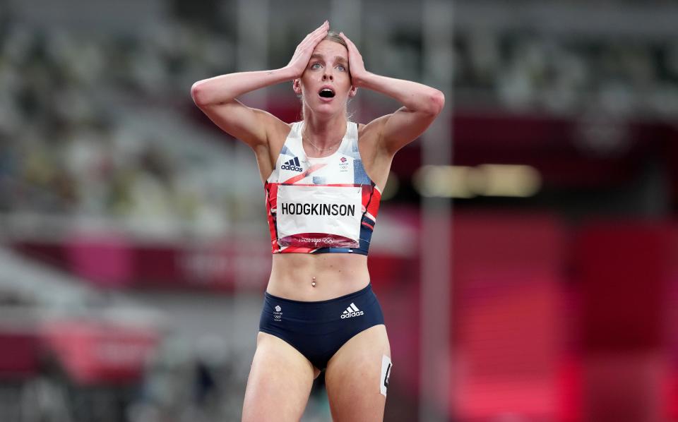 Keely Hodgkinson reacts after claiming silver in the women’s 800 metres in a British record time (Martin Rickett/PA) (PA Wire)