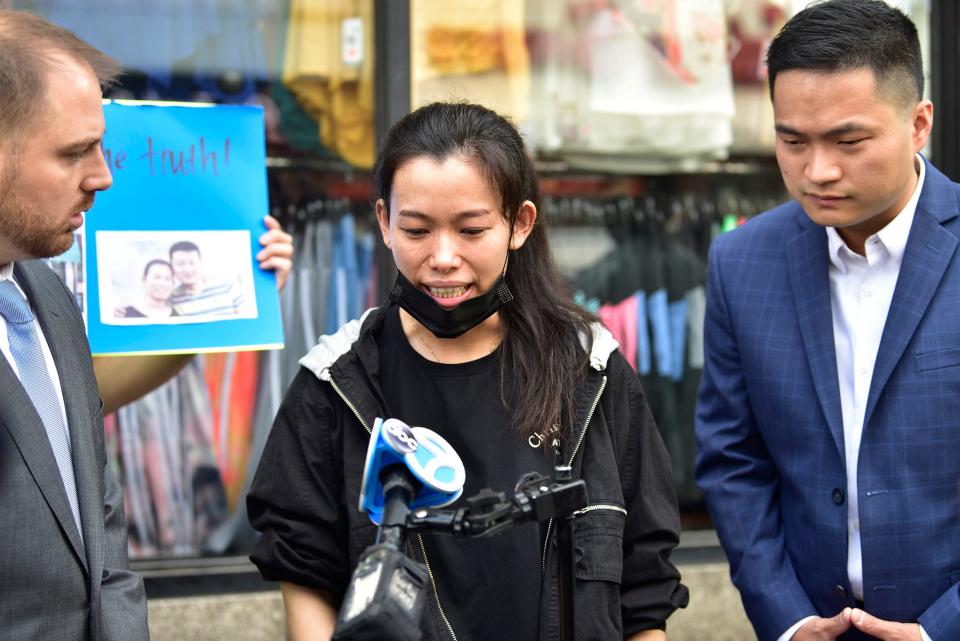 Haiyan Wei, whose husband, restaurant owner Jun Ting Pan, was killed in a pedestrian strike in Paterson, gives a brief speech at a press conference in June..