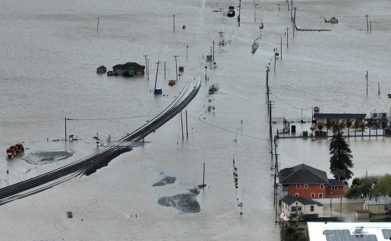 Photo of flooded roads and buildings