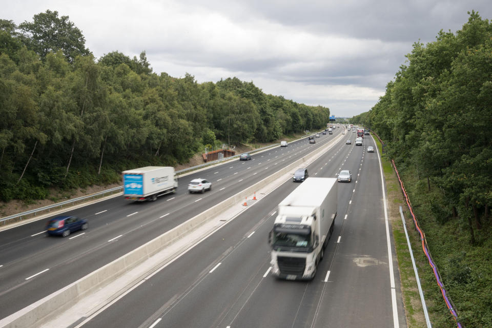 Vehicles on the new13.4-mile long M3 &quot;smart&quot; motorway near Longcross, Surrey, between Farnborough and the M25. (Photo by Steve Parsons/PA Images via Getty Images)