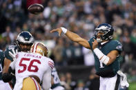 Philadelphia Eagles quarterback Jalen Hurts passes during the second half of the NFC Championship NFL football game between the Philadelphia Eagles and the San Francisco 49ers on Sunday, Jan. 29, 2023, in Philadelphia. (AP Photo/Matt Rourke)