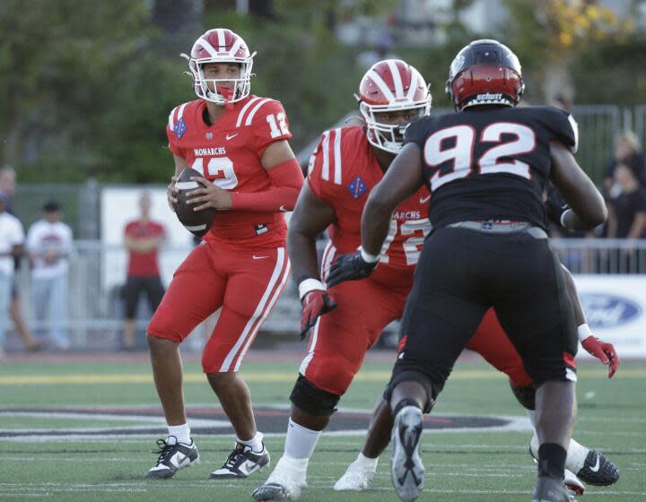 CORONA, CA - AUGUST 18: Mater Dei quarterback Elijah Brown, shown playing the season opener against Corona Centennial, announced that he is committing to Stanford. Photographed on Friday, Aug. 18, 2023 in Corona, CA. (Myung J. Chun / Los Angeles Times)