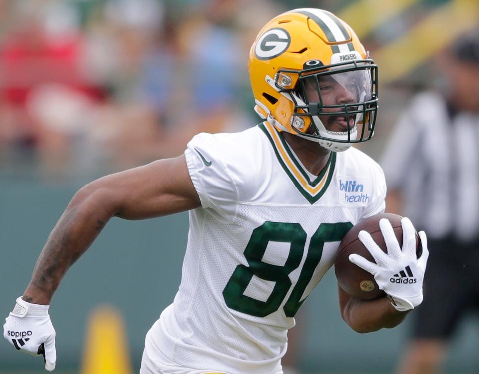 Green Bay Packers wide receiver Bo Melton (80) during the first day of practice of theGreen Bay Packers’ 2023 training camp on Wednesday, July 26, 2023 at Ray NitschkeField in Green Bay, Wis. Wm. Glasheen USA TODAY NETWORK-Wisconsin