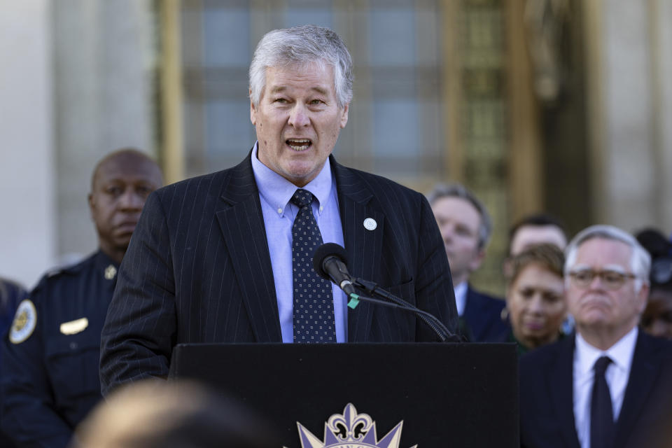 Nashville Metro Council Member (District 25) Russ Pulley speaks during a vigil held for victims of The Covenant School shooting on Wednesday, March 29, 2023, in Nashville, Tenn. (AP Photo/Wade Payne)