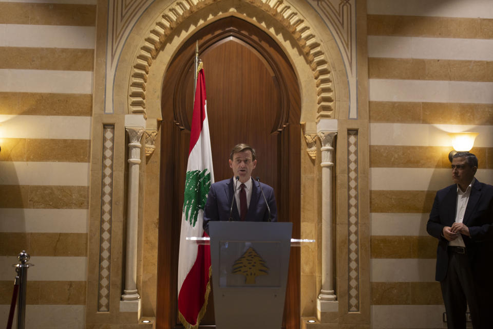 U.S. Undersecretary of State for Political Affairs David Hale makes a press statement after his meeting with former Lebanese Prime Minister Saad Hariri in downtown Beirut, Lebanon, Friday, Dec. 20, 2019. Hale is the most senior foreign diplomat to visit the country since the political crisis. (AP Photo/Maya Alleruzzo)