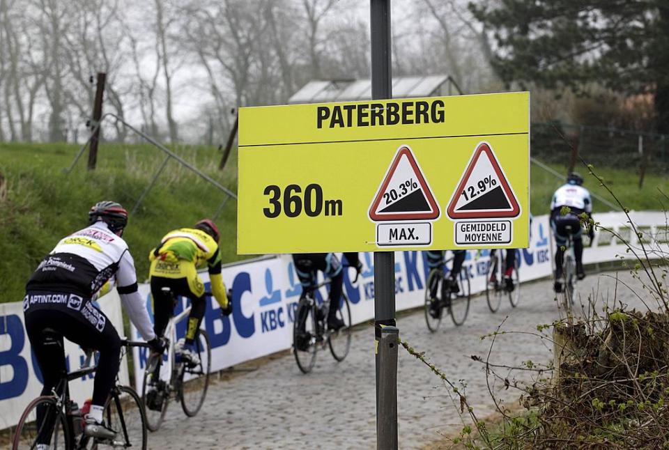 Cyclists ride on March 31 2012 through Paterberg on the eve of the Tour of Flanders cycling race in Oudenaarde        AFP PHOTO  BELGA  NICOLAS MAETERLINCK              BELGIUM OUT    Photo credit should read NICOLAS MAETERLINCKAFP via Getty Images