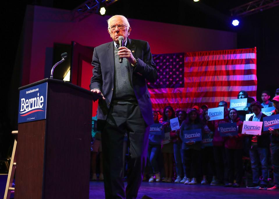Bernie Sanders speaks to supporters during a campaign rally in Rancho MIrage, December 16, 2019.