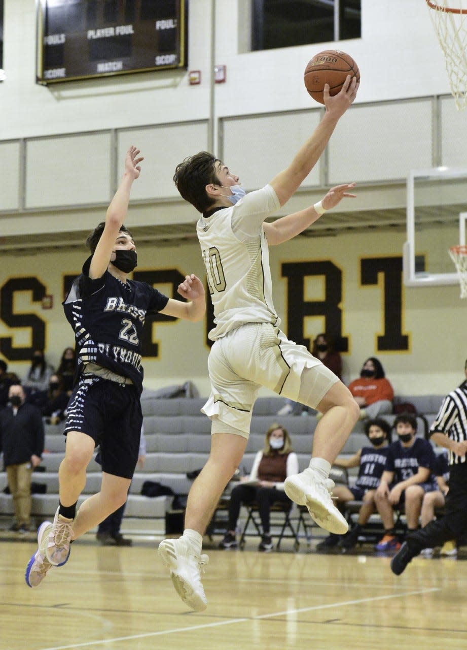 Westport's Aidan Rock glides to the basket for two points during Tuesday's game against Bristol-Plymouth.
