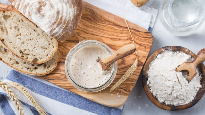 Sourdough starter, bread, and flour