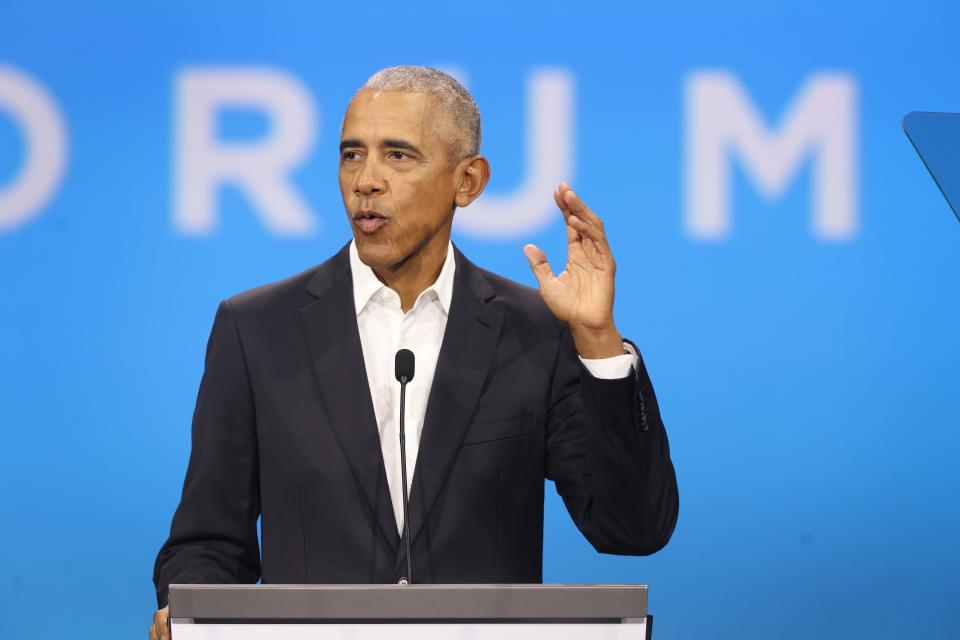 Former President Barack Obama speaks to attendees at the Obama Foundation Democracy Forum on Nov. 3, 2023, in Chicago, Illinois. Obama spoke about economic inclusion is fundamental to safeguarding and expanding democracies in countries around the world.