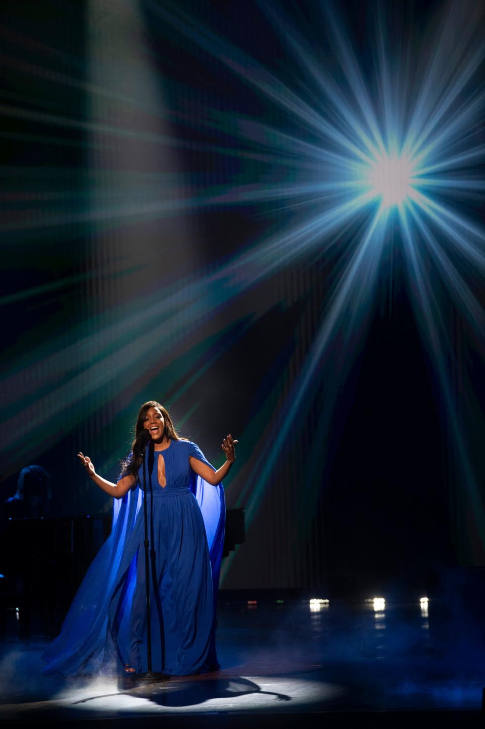 Mickey Guyton performs “Hold On” during the 56th Academy of Country Music Awards at the Grand Ole Opry Friday, April 16, 2021 in Nashville, Tenn. 