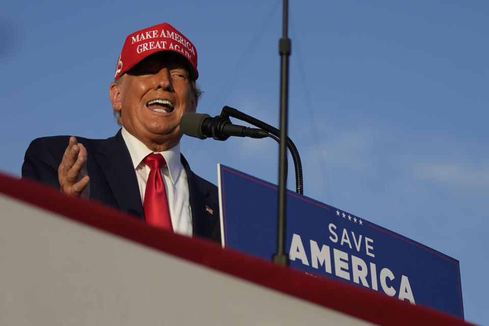 Former President Donald Trump speaks at a campaign rally in support of the campaign of Sen. Marco Rubio, R-Fla., at the Miami-Dade County Fair and Exposition on Sunday, Nov. 6, 2022, in Miami. (AP Photo/Rebecca Blackwell)