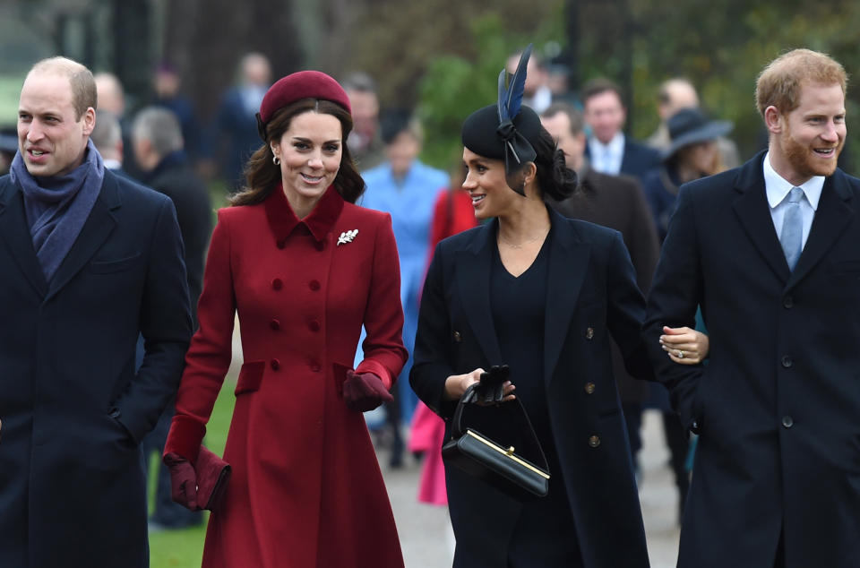 The Duke of Cambridge, Prince William the Duchess of Cambridge, Kate Middleton the Duchess of Sussex Meghan Markle and the Duke of Sussex Prince Harry arriving to attend the Christmas Day morning church service at St Mary Magdalene Church in Sandringham, Norfolk