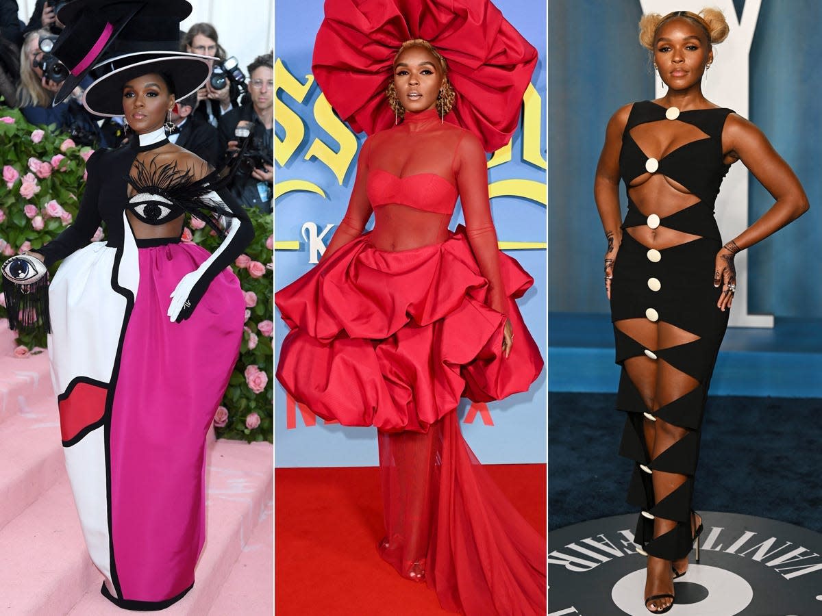 Three photos of Janelle Monáe in daring looks.