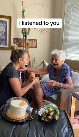 <p>Rachel Platten/TikTok</p> Rachel Platten celebrating her friend Gloria Mikialian's 100th birthday