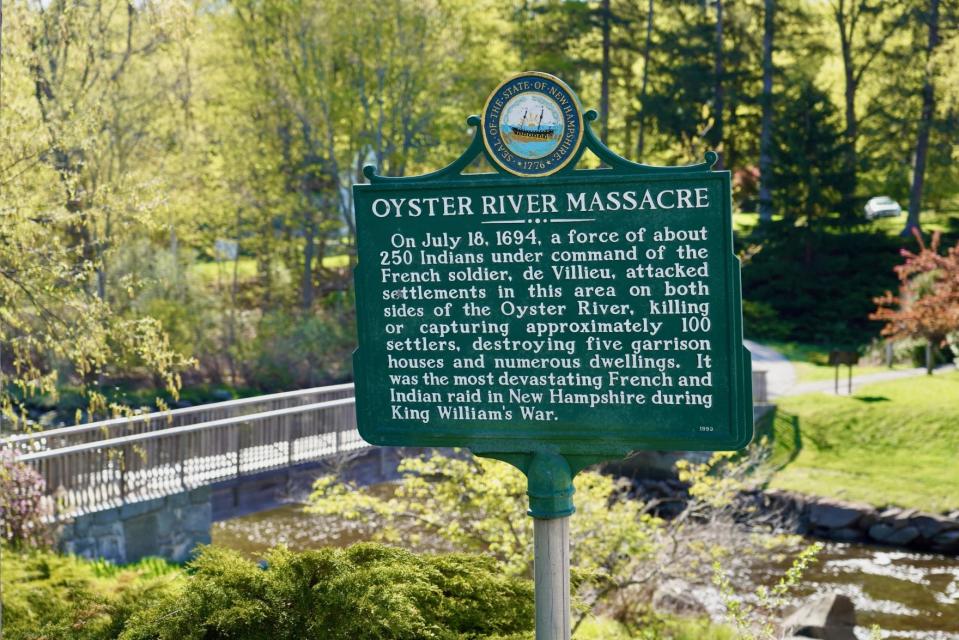 The original "Oyster River Massacre" sign stood outside Durham Town Hall for decades. It was removed by the state in 2021 after a state commission deemed the language needed a revision.