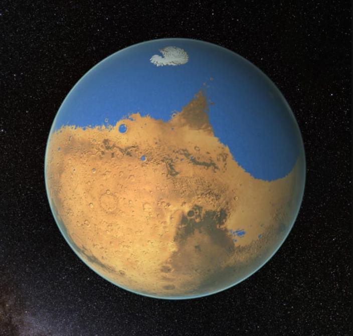 Ilustración de la NASA del antiguo Marte cubierto de agua.