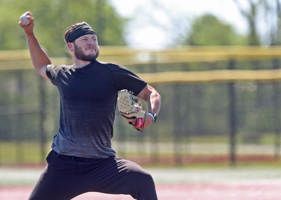 Nolan Watson, former Lawrence North baseball player who is now with the Royals organization, pitches during the Tucker Barnhart charitable batting practice event at Grand Park in Westfield, Friday, June 12, 2020.  Barnhart is a Cincinnati Reds catcher and former Brownsburg baseball standout.