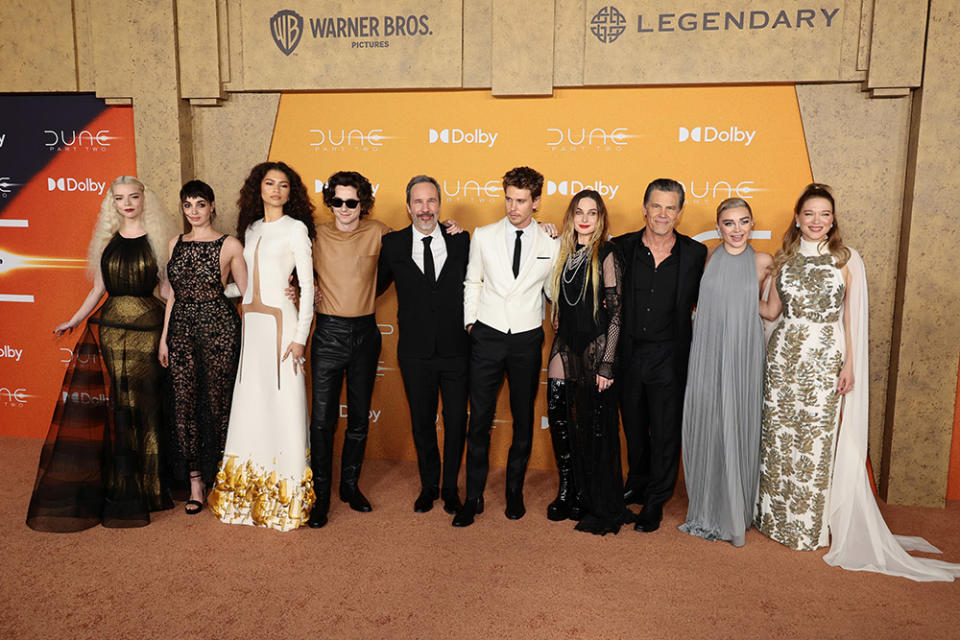 Anya Taylor-Joy, Souheila Yacoub, Zendaya, Timothée Chalamet, Denis Villeneuve, Austin Butler, Rebecca Ferguson, Josh Brolin, Florence Pugh, and Léa Seydoux attend the "Dune: Part Two" premiere at Lincoln Center on February 25, 2024 in New York City.