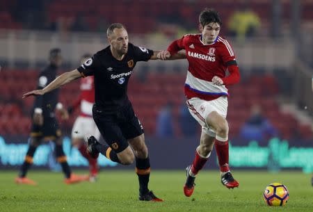 Britain Football Soccer - Middlesbrough v Hull City - Premier League - The Riverside Stadium - 5/12/16 Hull City's David Meyler in action with Middlesbrough's Marten de Roon Action Images via Reuters / Lee Smith