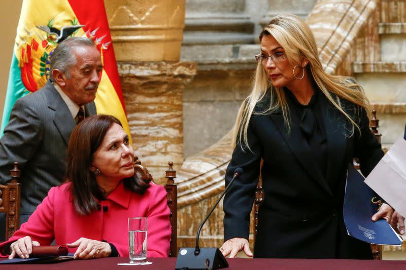 Bolivia's interim President Jeanine Anez holds a news conference at the presidential palace in La Paz